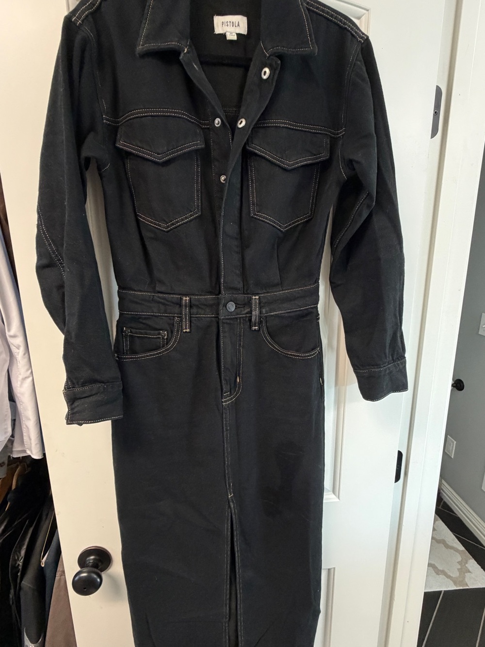 pistola Black Denim Long Sleeve Utility Jumpsuit Jacket